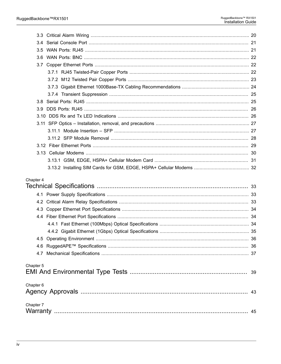 Technical specifications, Emi and environmental type tests, Agency approvals | Warranty | RuggedCom RUGGEDBACKBONE RX1501 User Manual | Page 4 / 52