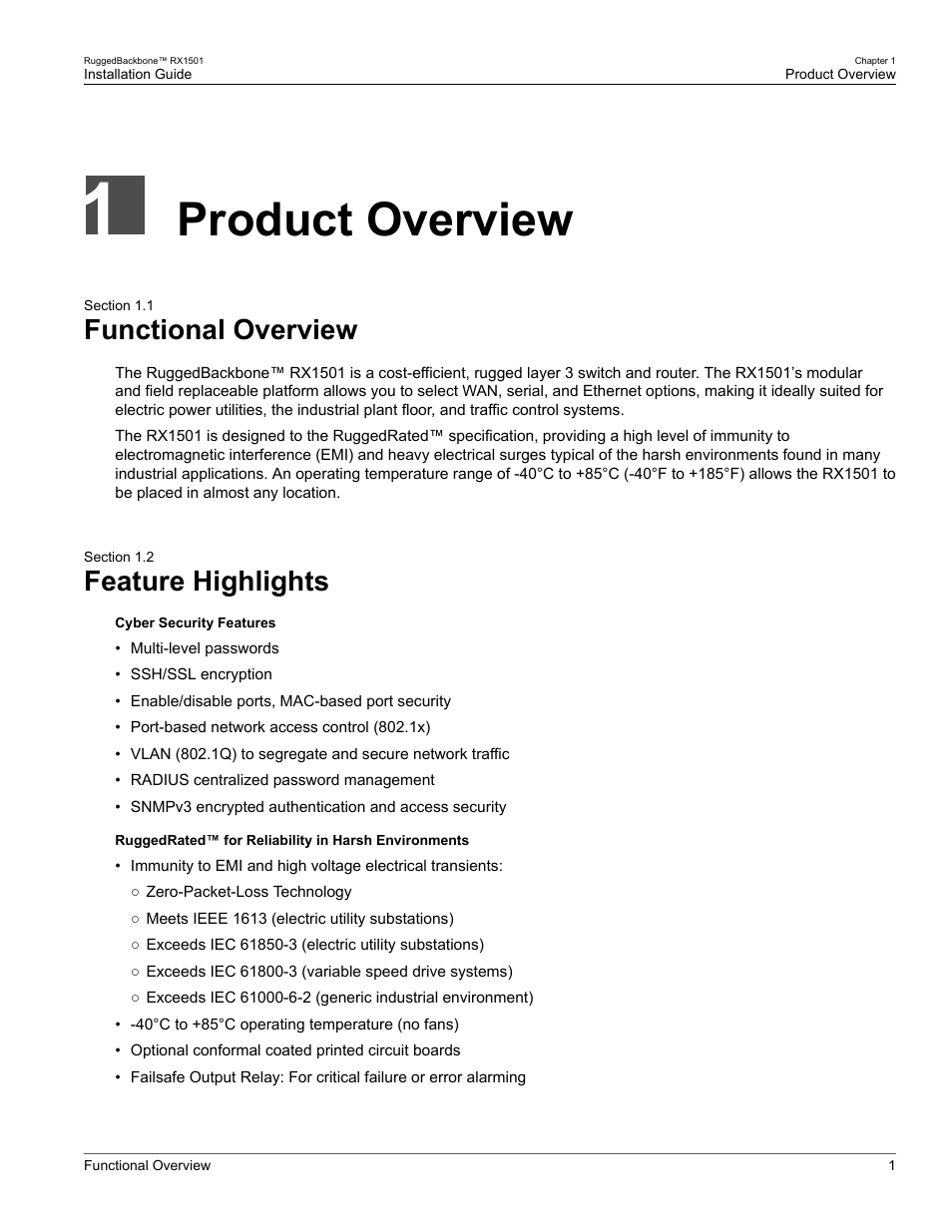 Product overview, Functional overview, Feature highlights | 1 functional overview, 2 feature highlights | RuggedCom RUGGEDBACKBONE RX1501 User Manual | Page 7 / 52