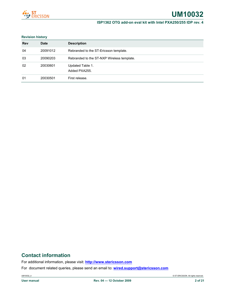 Contact information | Rowe ISP1362 OTG add-on eval kit with Intel PXA250/255 IDP rev. 4 UM10032 User Manual | Page 2 / 21