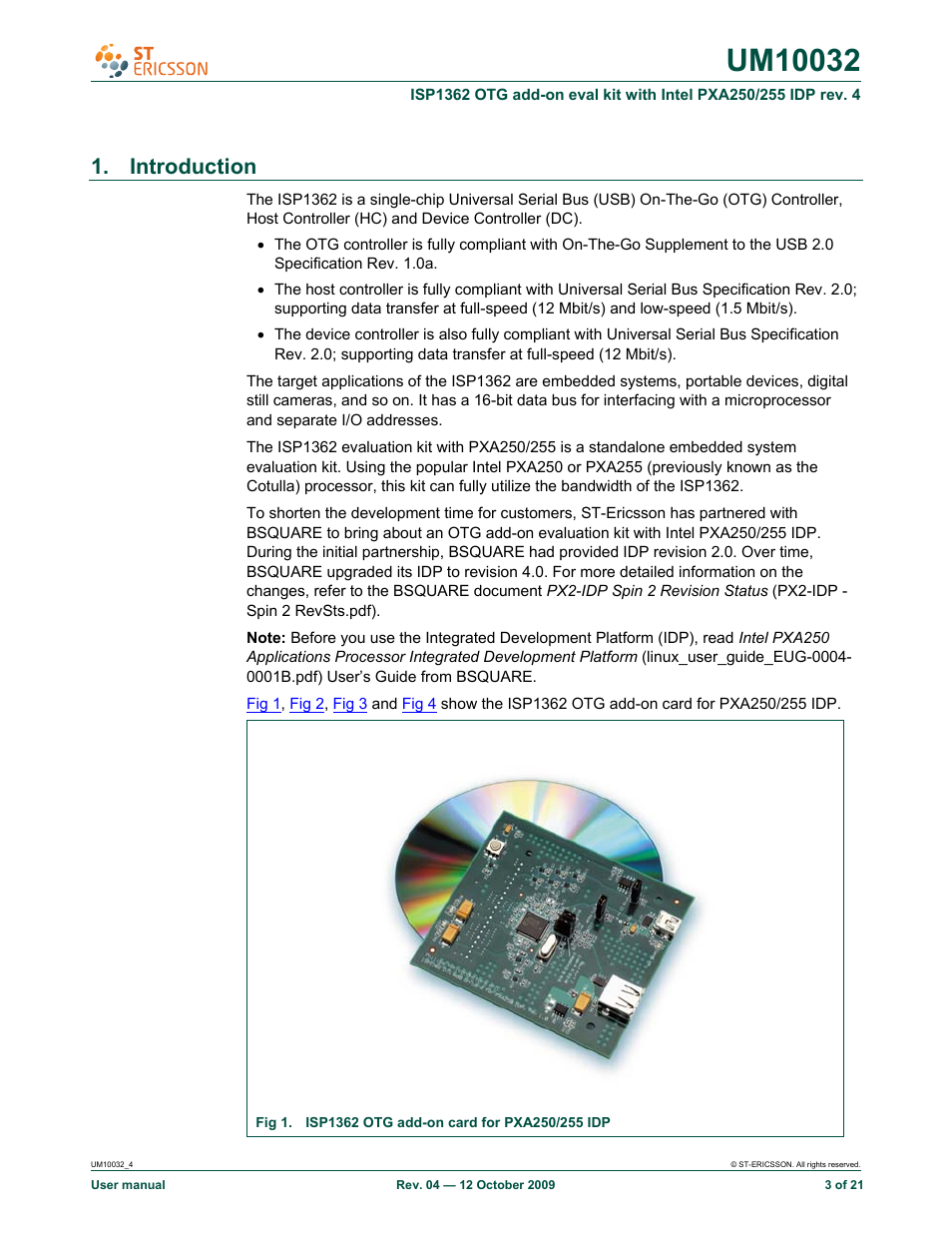 Introduction | Rowe ISP1362 OTG add-on eval kit with Intel PXA250/255 IDP rev. 4 UM10032 User Manual | Page 3 / 21