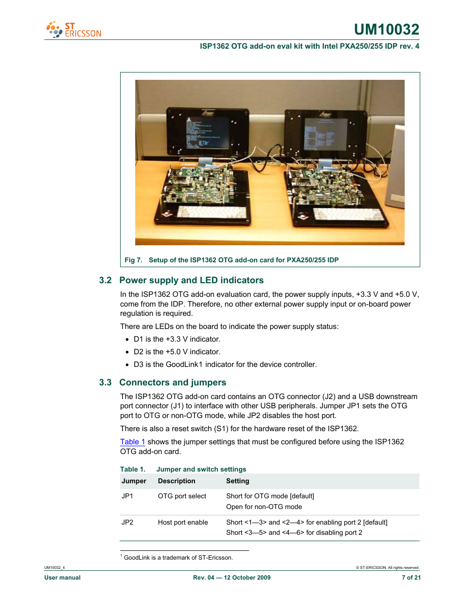 2 power supply and led indicators, 3 connectors and jumpers | Rowe ISP1362 OTG add-on eval kit with Intel PXA250/255 IDP rev. 4 UM10032 User Manual | Page 7 / 21