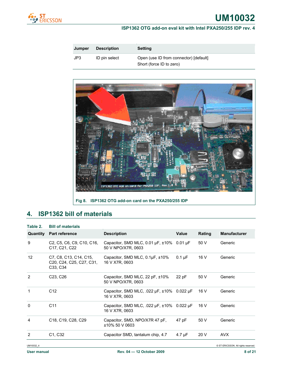 Isp1362 bill of materials | Rowe ISP1362 OTG add-on eval kit with Intel PXA250/255 IDP rev. 4 UM10032 User Manual | Page 8 / 21