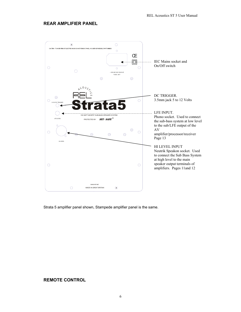Strata5, Rear amplifier panel, Remote control | REL Acoustics Strata 5 User Manual | Page 6 / 20
