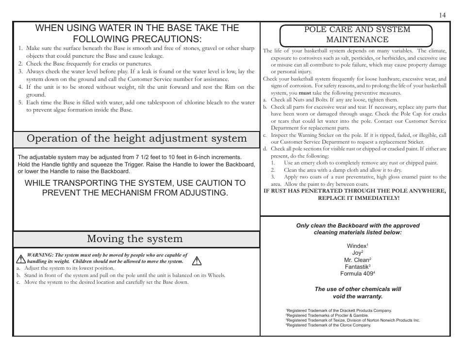 Operation of the height adjustment system, Moving the system, Pole care and system maintenance | Reebok 51549 User Manual | Page 14 / 15
