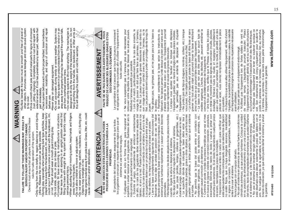 Warning, Advertencia avertissement | Reebok 51549 User Manual | Page 15 / 15