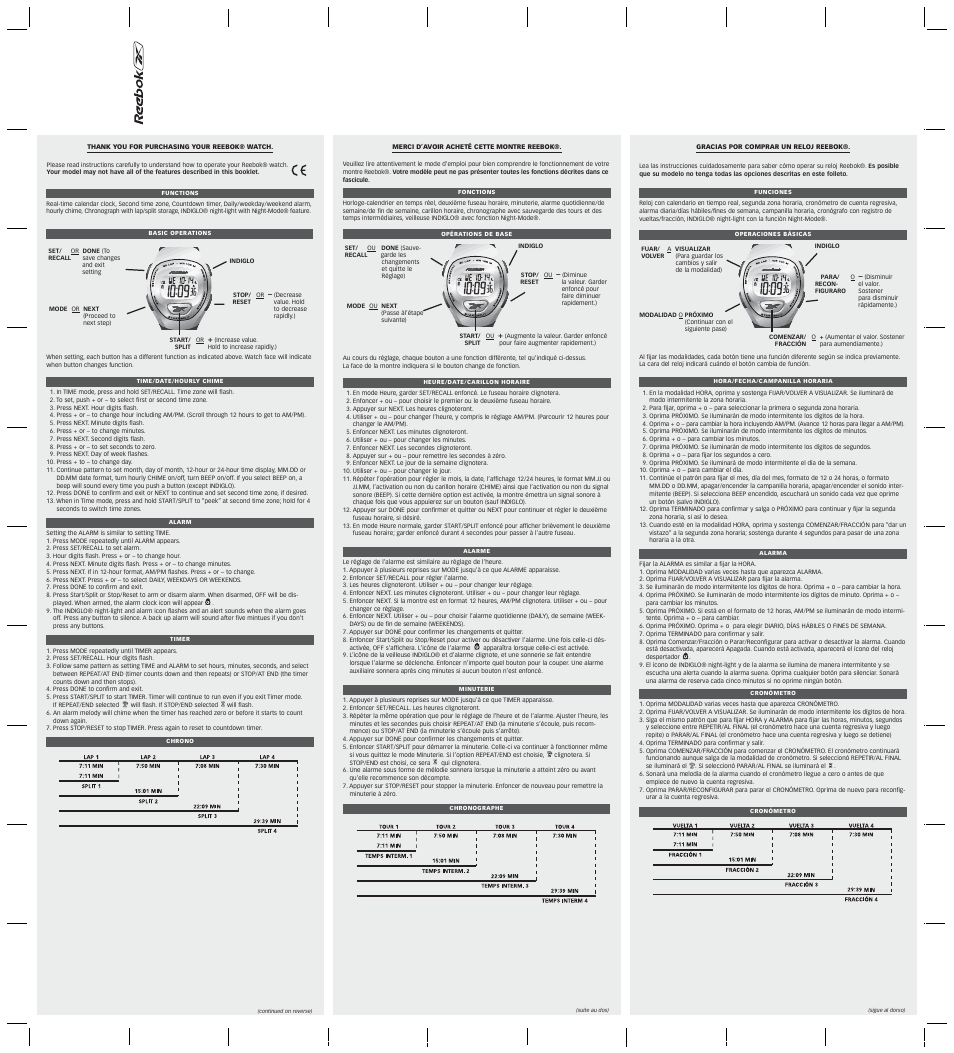 Reebok W-108 User Manual | 2 pages