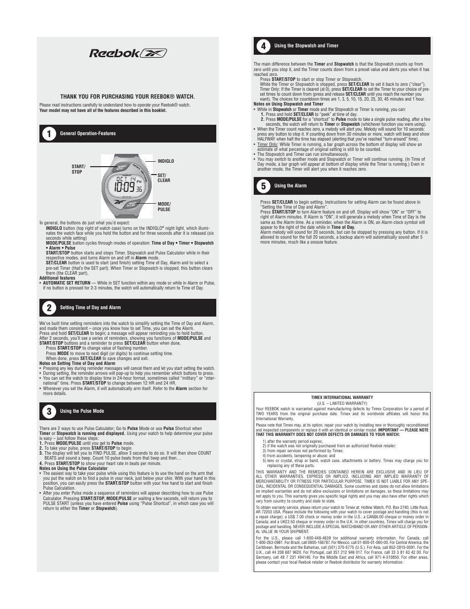 Reebok W-109 User Manual | 2 pages