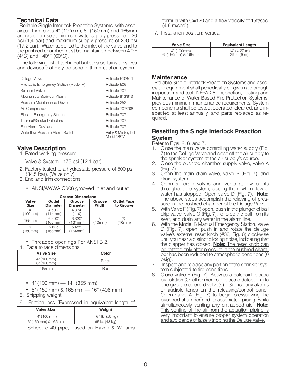 Technical data, Valve description, Maintenance | Resetting the single interlock preaction system | Reliable Sprinkler RELIABLE Single Interlock Preaction System 6103060028 User Manual | Page 10 / 18