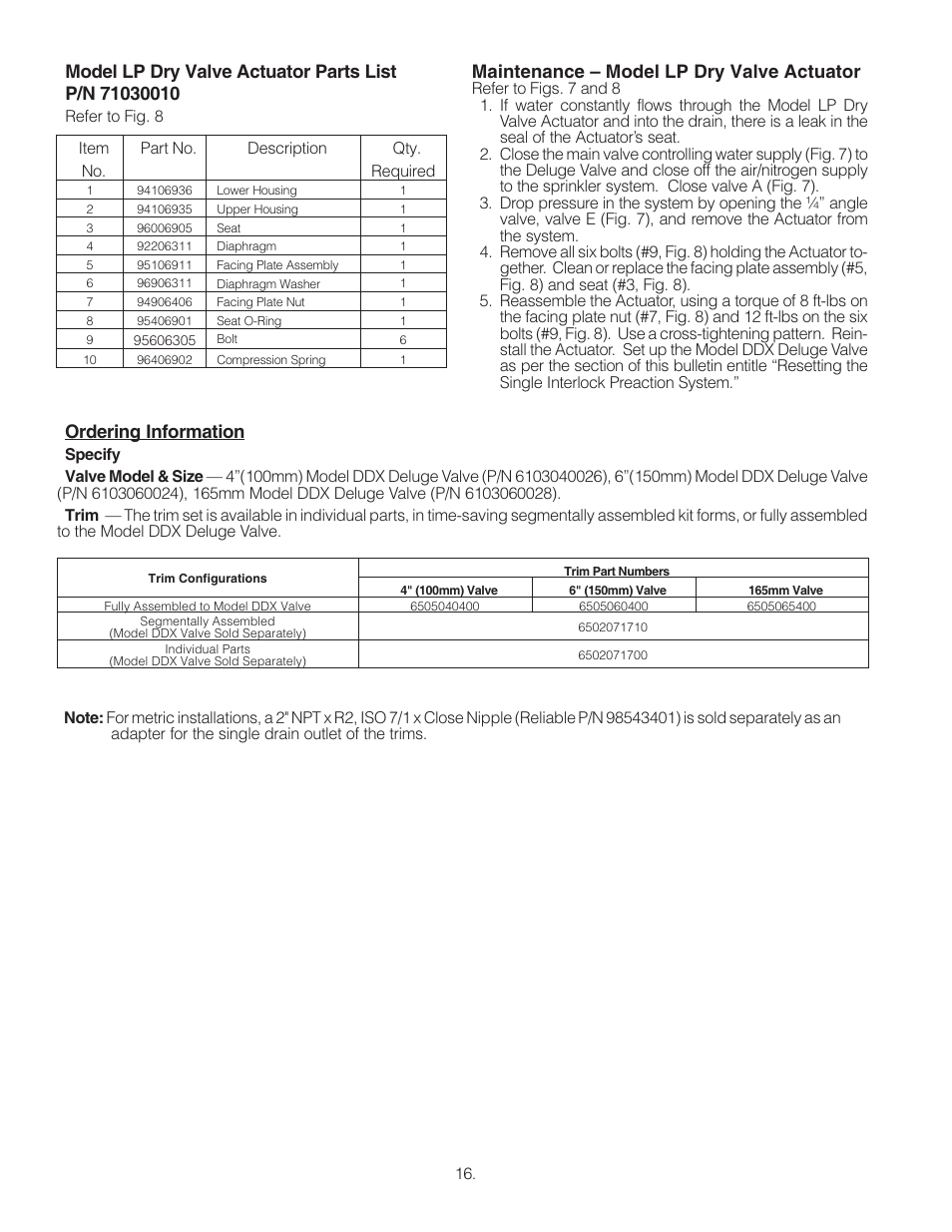 Ordering information, Maintenance – model lp dry valve actuator | Reliable Sprinkler RELIABLE Single Interlock Preaction System 6103060028 User Manual | Page 16 / 18