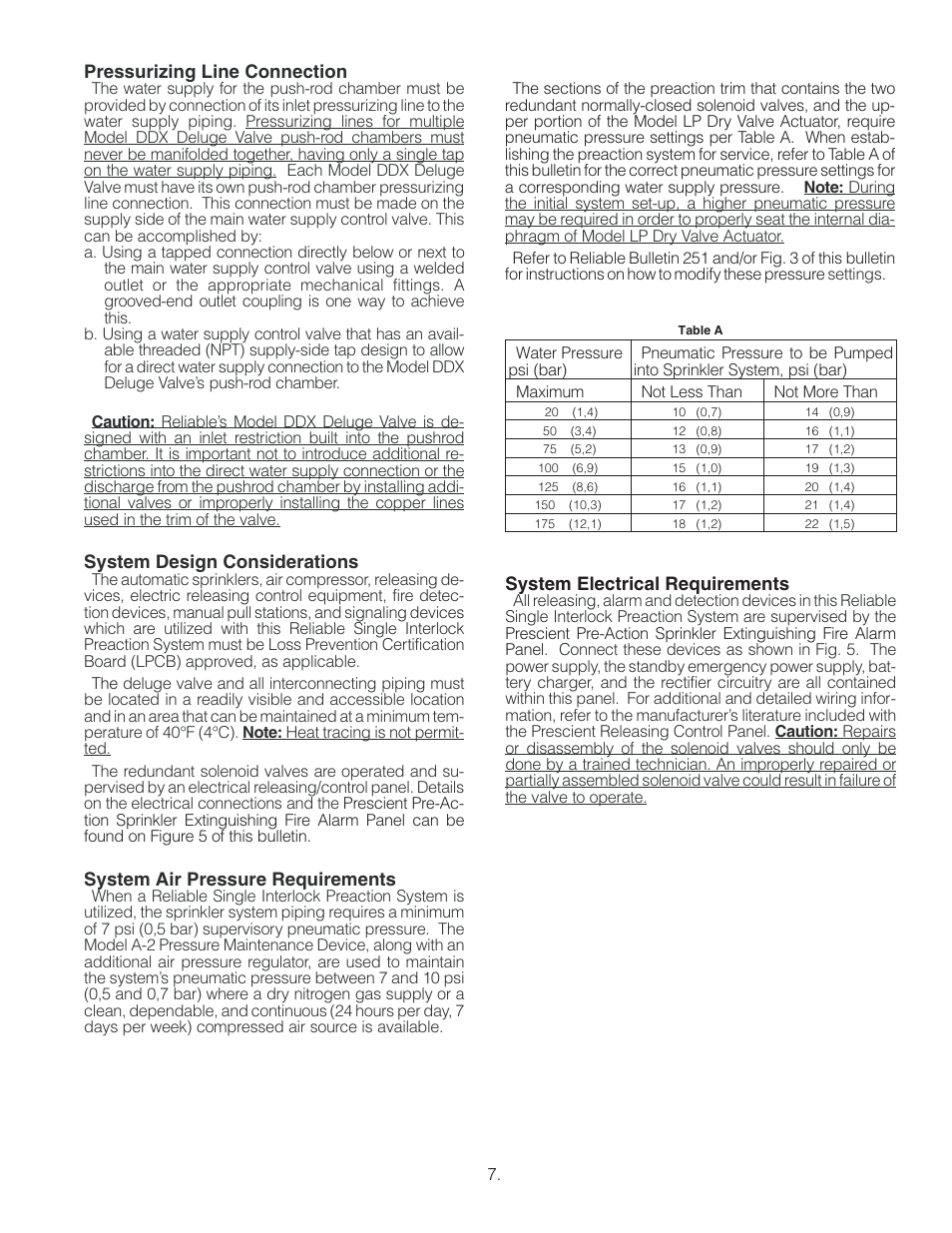 Pressurizing line connection, System design considerations, System air pressure requirements | System electrical requirements | Reliable Sprinkler RELIABLE Single Interlock Preaction System 6103060028 User Manual | Page 7 / 18