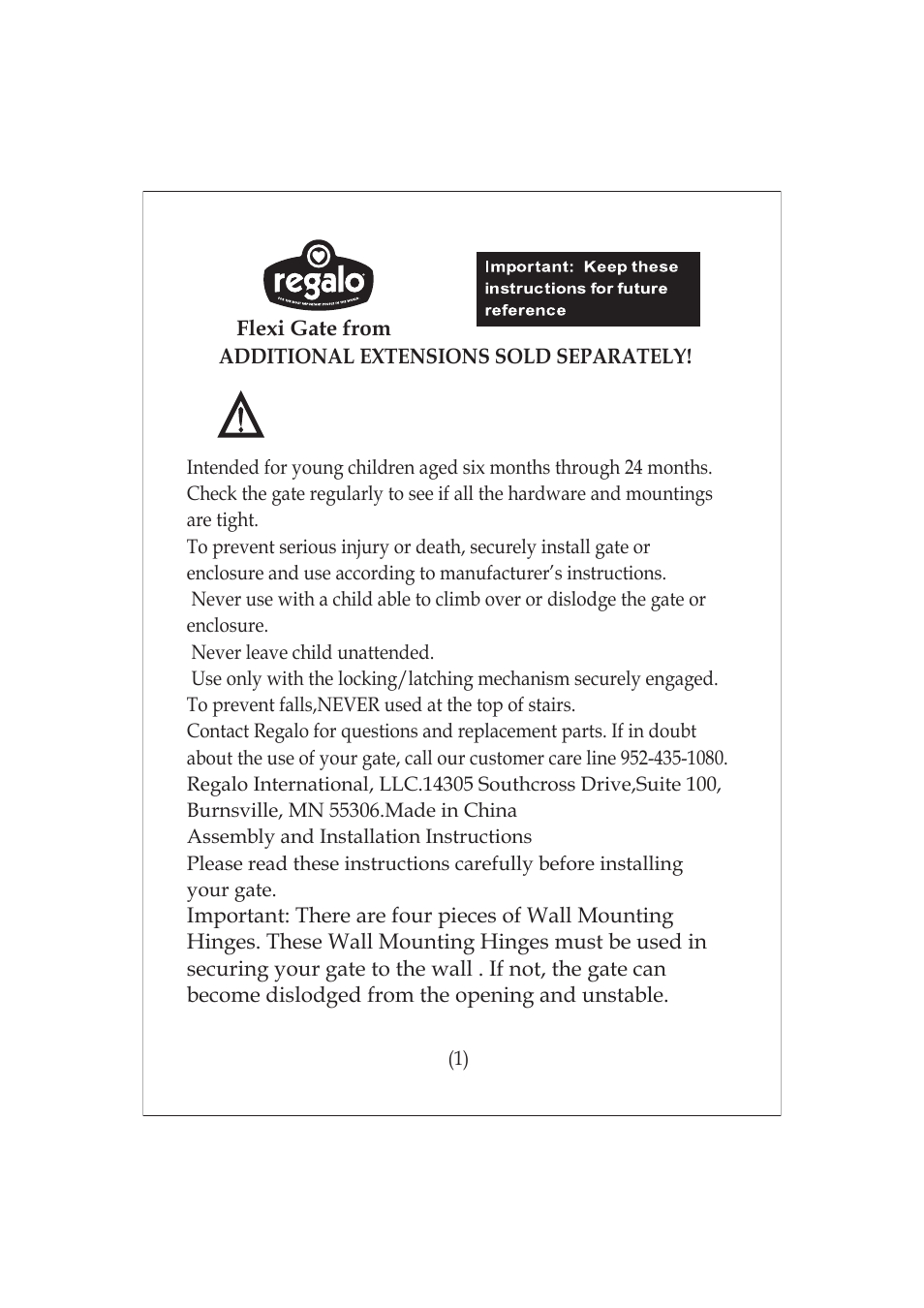 1175-1180 booklet2, Warning | Regalo FLEXI GATE FORM 1175 User Manual | Page 2 / 6