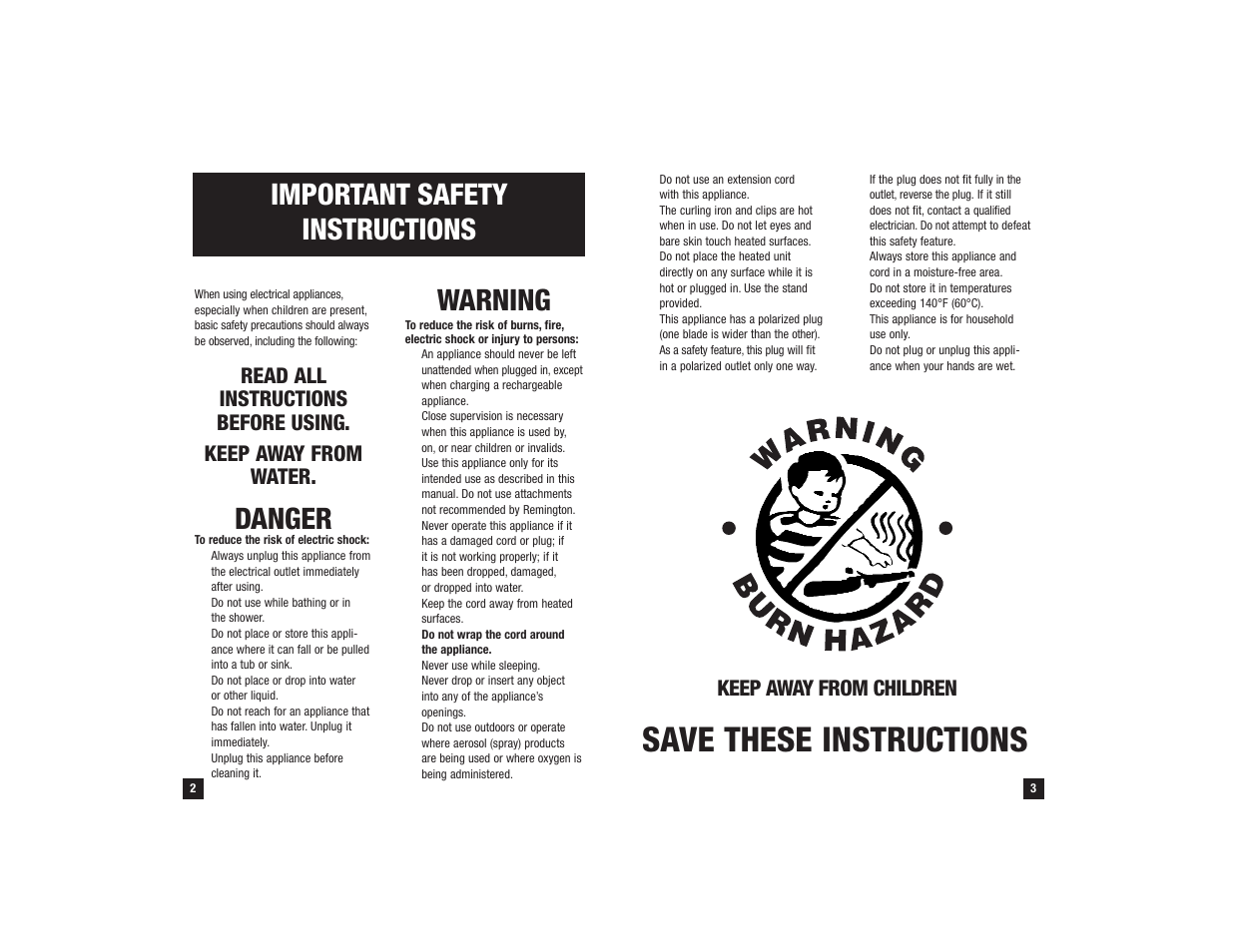 Save these instructions, Important safety instructions, Warning | Danger, Keep away from children | Remington CI-150i User Manual | Page 2 / 7