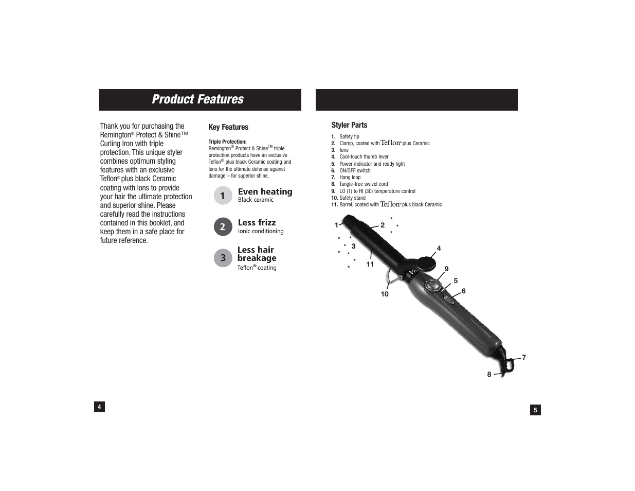 Product features, Even heating, Less hair breakage | Less frizz | Remington CI-150i User Manual | Page 3 / 7