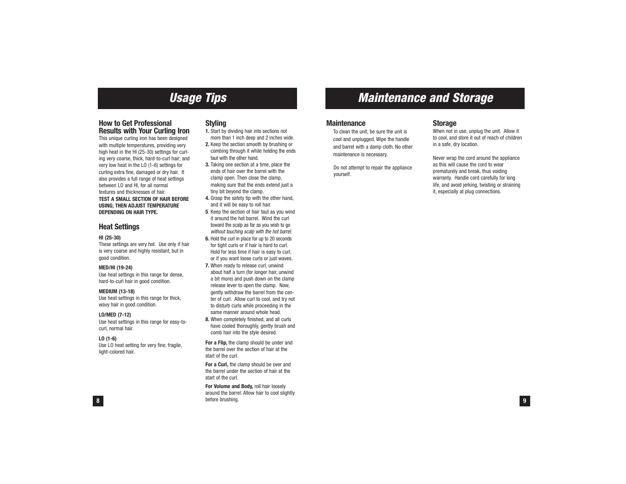 Maintenance and storage, Usage tips | Remington CI-150i User Manual | Page 5 / 7