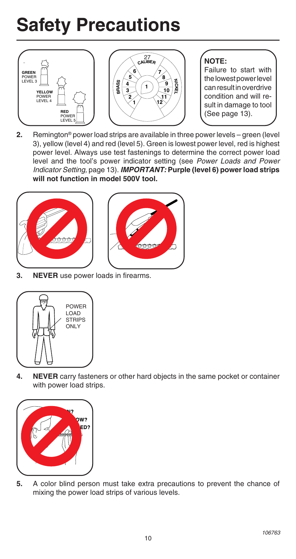 Safety precautions, Power loads and power indicator setting, Important | Page 13) | Remington 500V User Manual | Page 10 / 32