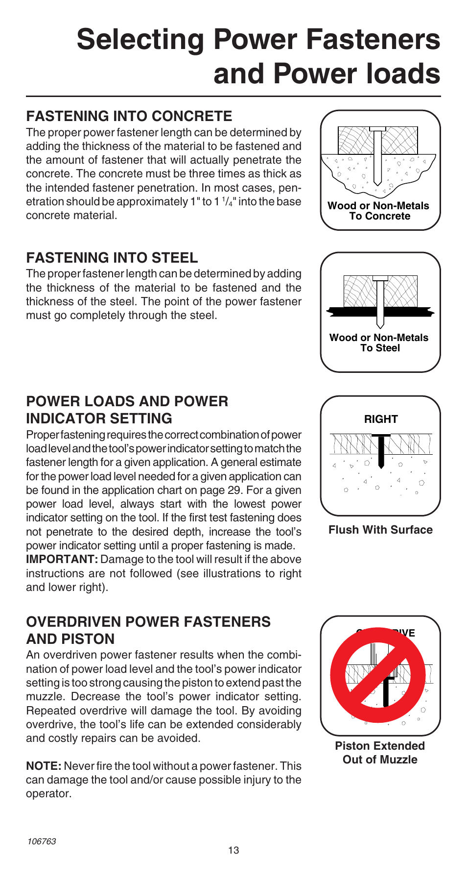 Selecting power fasteners and power loads, Fastening into concrete, Fastening into steel | Power loads and power indicator setting, Overdriven power fasteners and piston | Remington 500V User Manual | Page 13 / 32