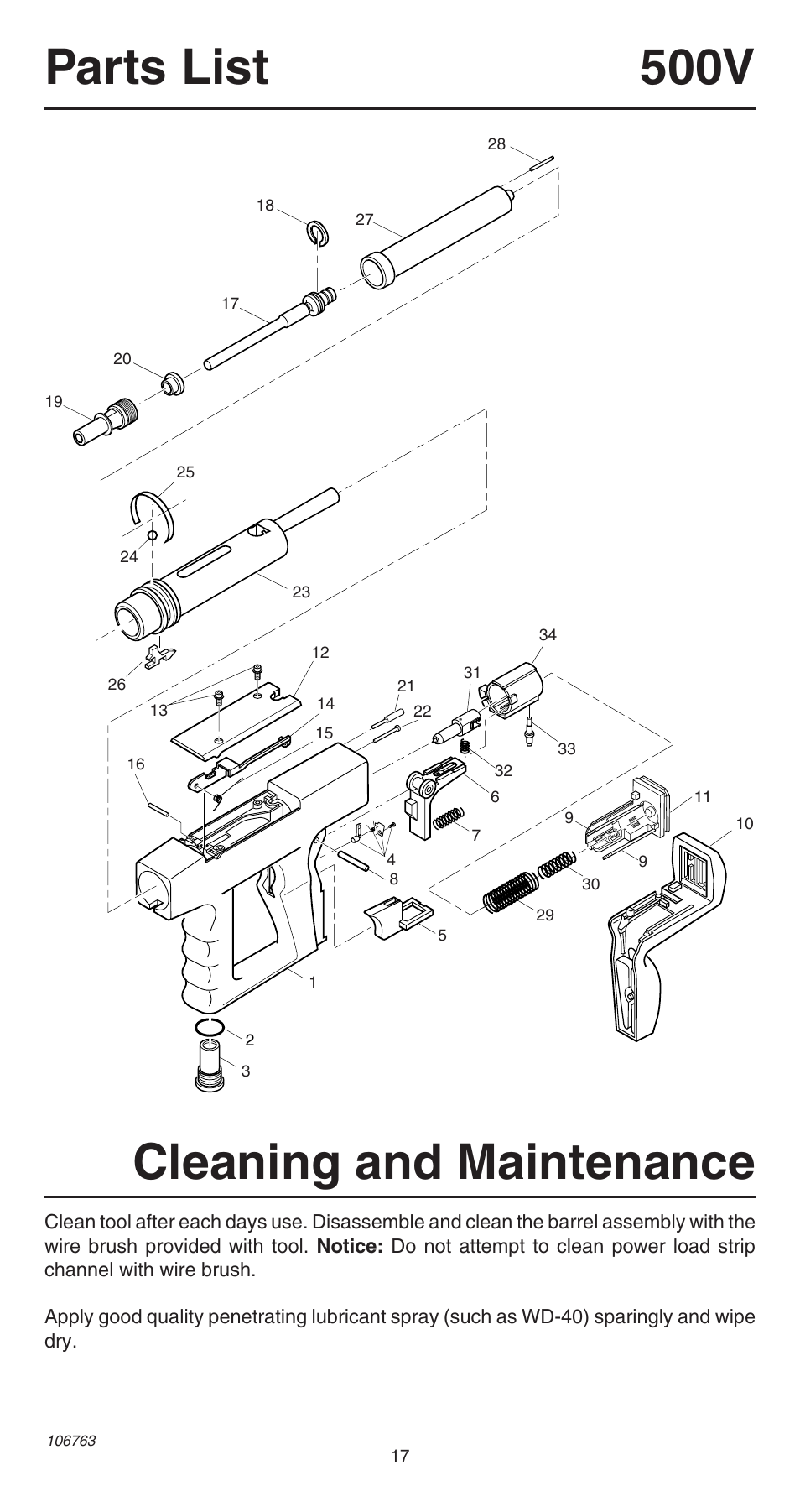 Cleaning and maintenance, Parts list 500v | Remington 500V User Manual | Page 17 / 32