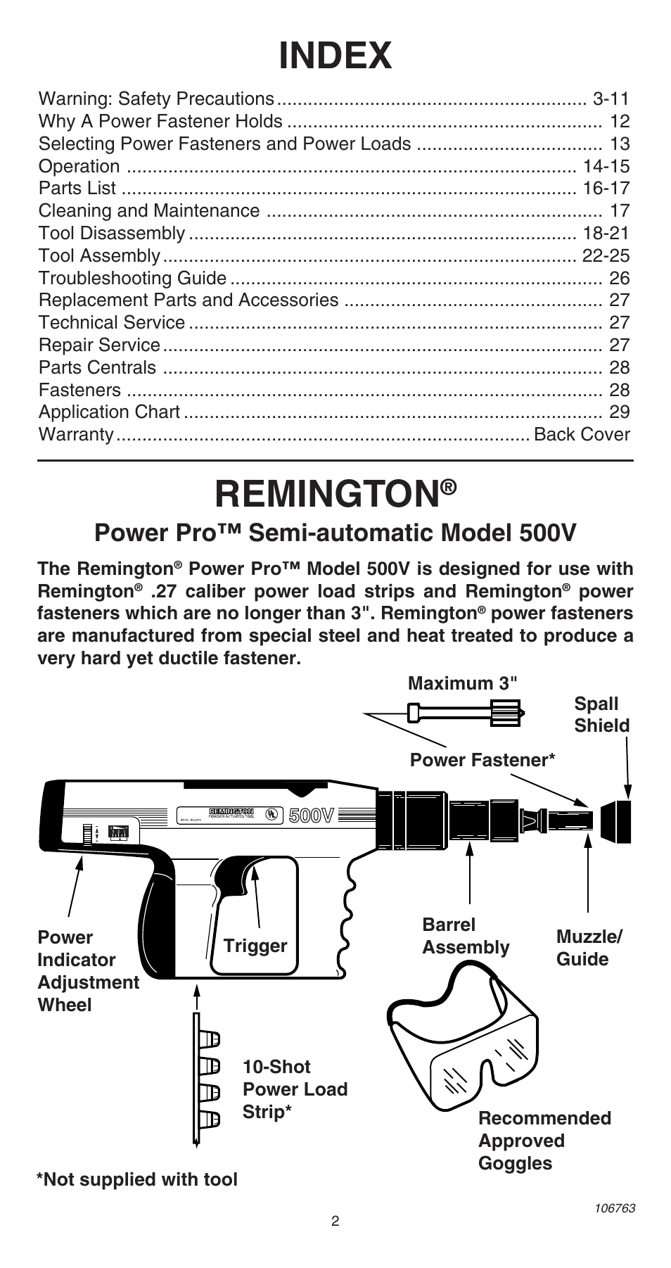 Index, Remington, Power pro™ semi-automatic model 500v | Remington 500V User Manual | Page 2 / 32