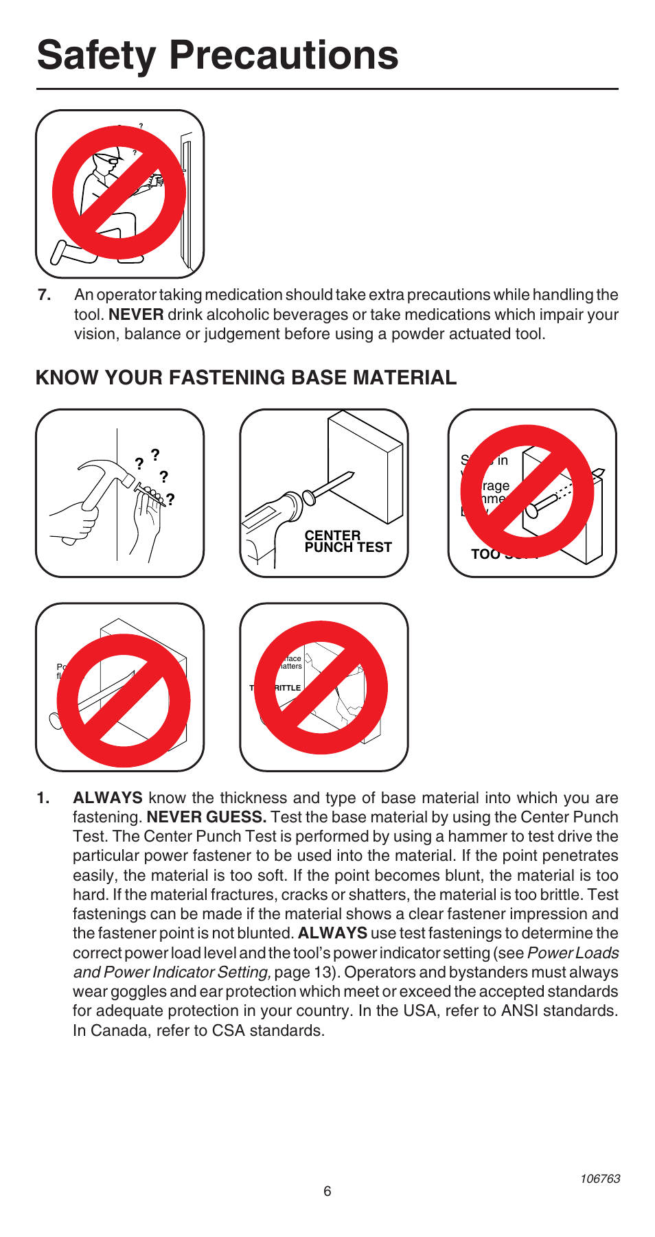 Safety precautions, Know your fastening base material, Power loads and power indicator setting | Remington 500V User Manual | Page 6 / 32