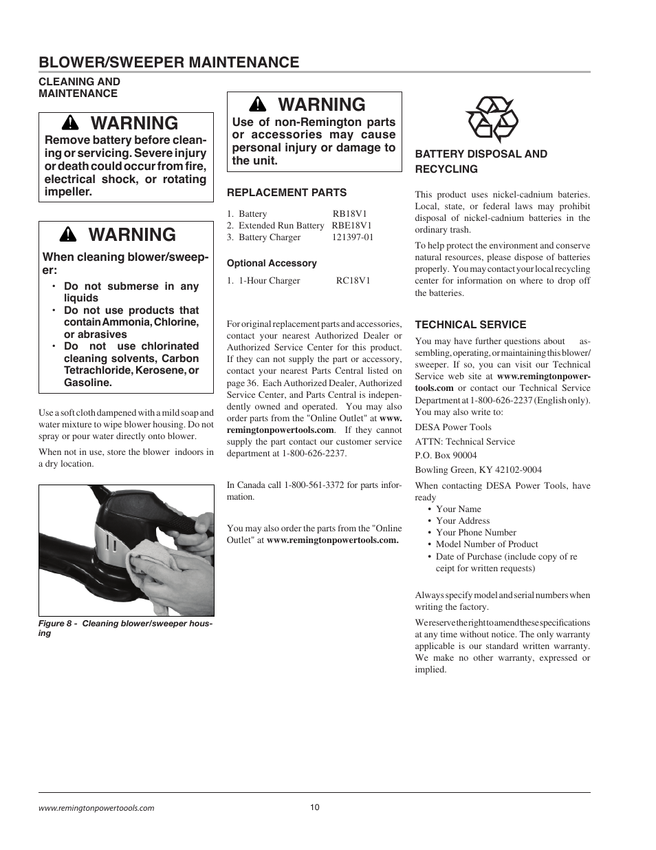 Warning, Blower/sweeper maintenance | Remington BB18125A User Manual | Page 10 / 40