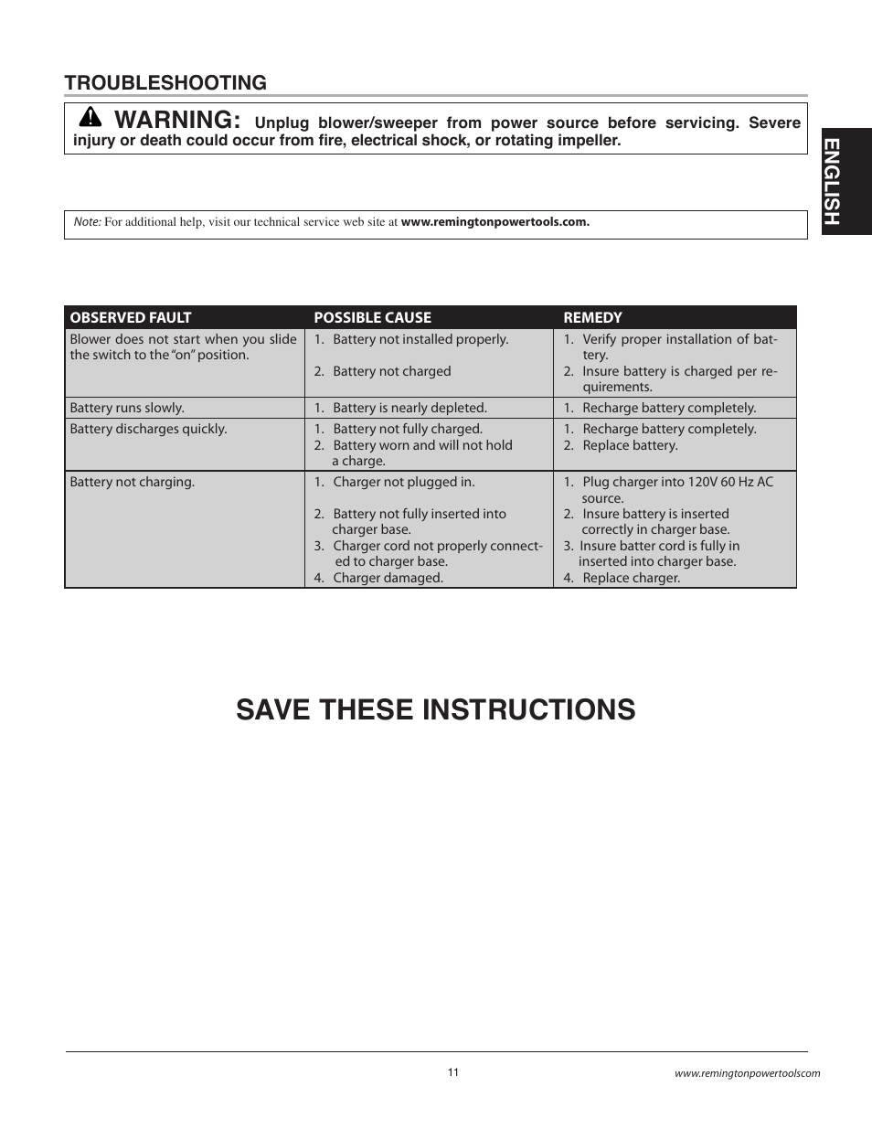 Save these instructions, Warning, En gli s h troubleshooting | Remington BB18125A User Manual | Page 11 / 40