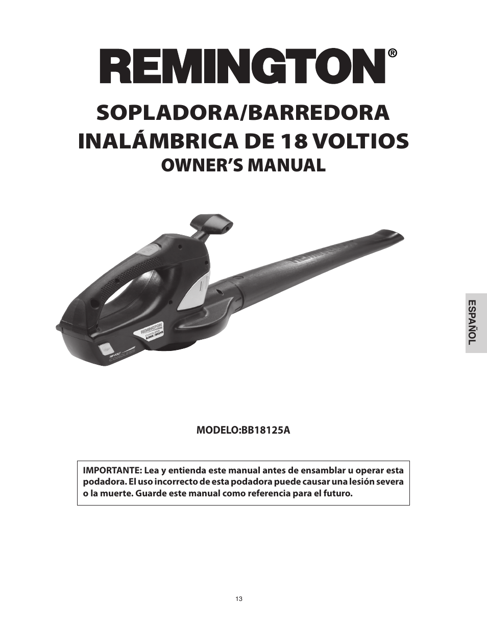 Sopladora/barredora inalámbrica de 18 voltios, Owner’s manual | Remington BB18125A User Manual | Page 13 / 40