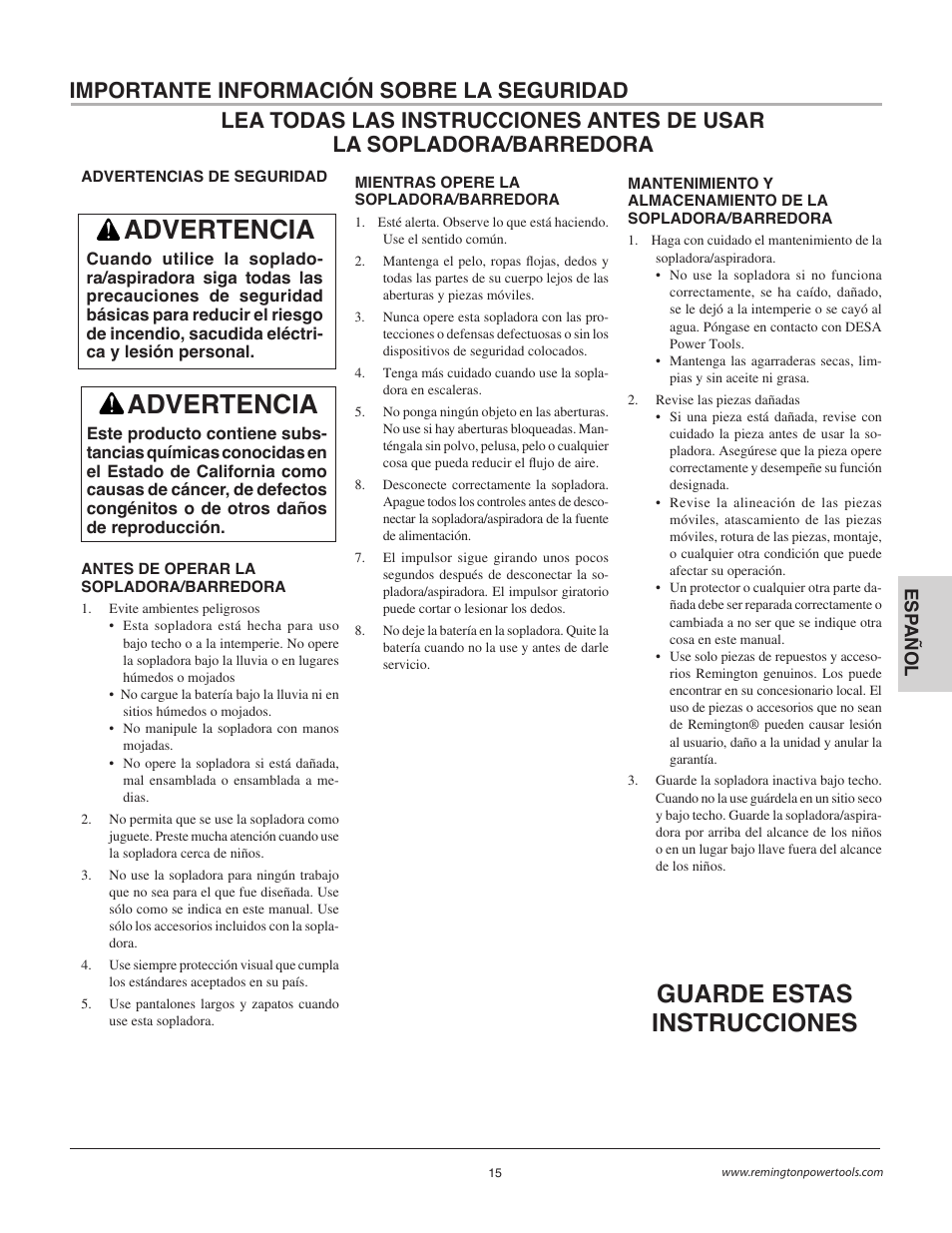 Advertencia, Guarde estas instrucciones, Importante información sobre la seguridad | Remington BB18125A User Manual | Page 15 / 40