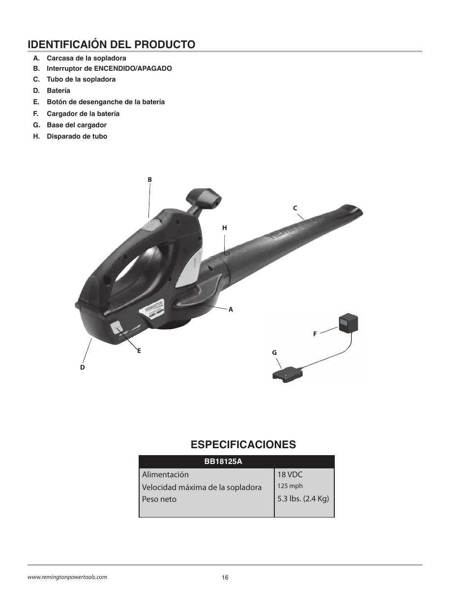 Identificaión del producto, Especificaciones | Remington BB18125A User Manual | Page 16 / 40