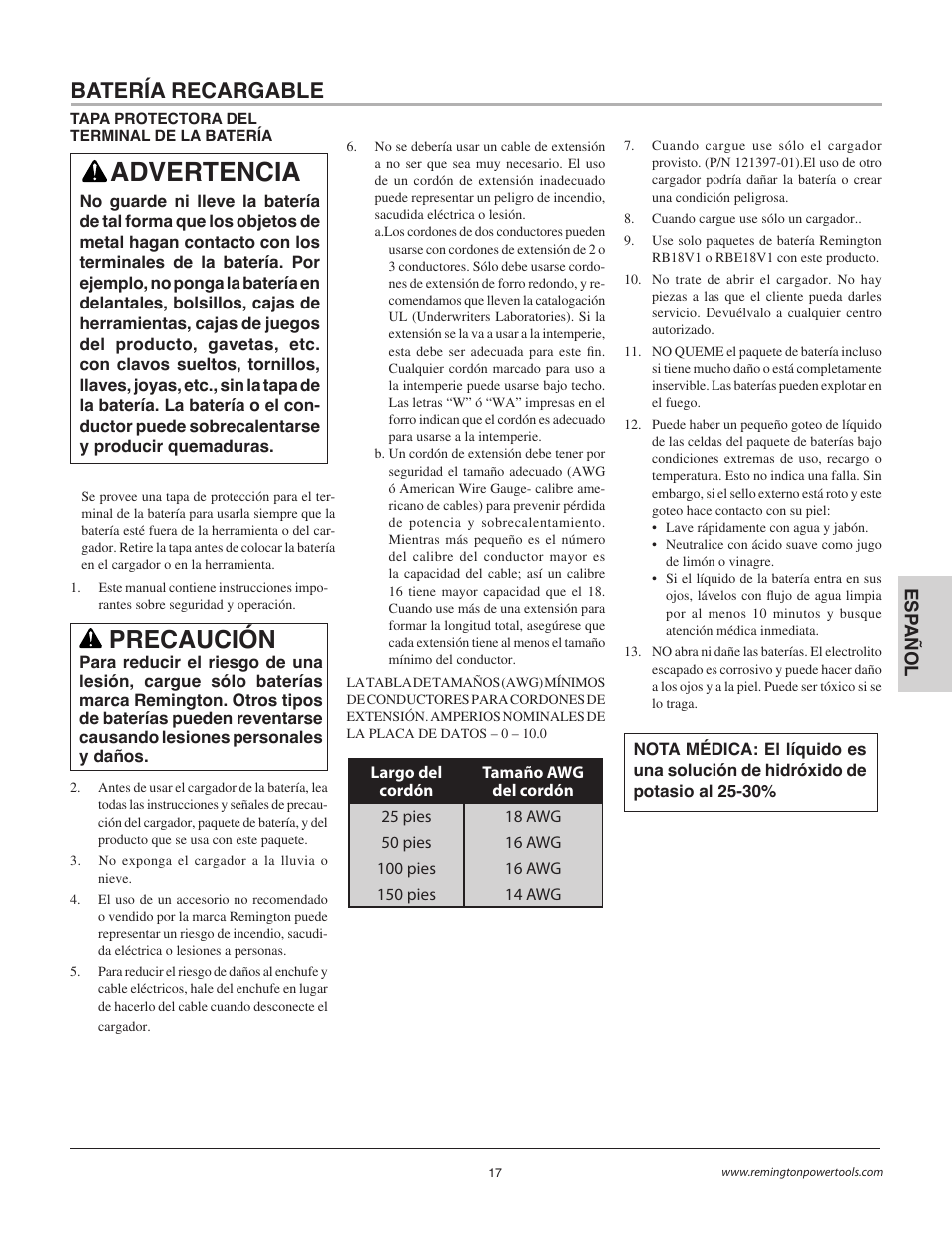 Advertencia, Precaución, Batería recargable | Remington BB18125A User Manual | Page 17 / 40