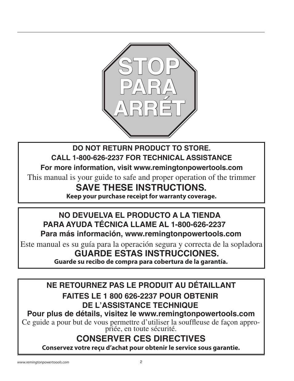 Stop, Para, Para arré arrét t | Remington BB18125A User Manual | Page 2 / 40