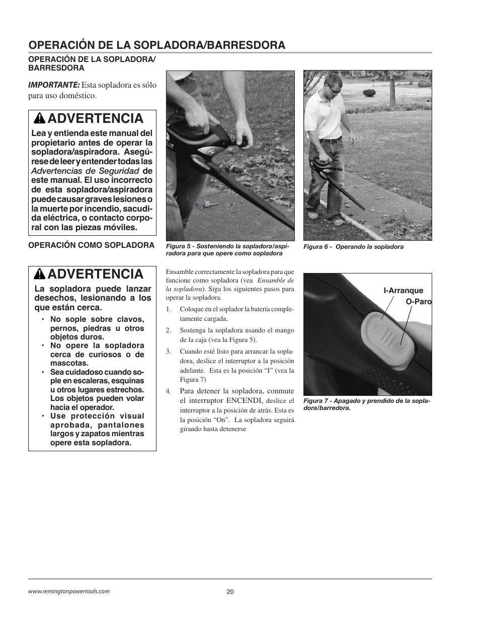 Advertencia, Operación de la sopladora/barresdora | Remington BB18125A User Manual | Page 20 / 40