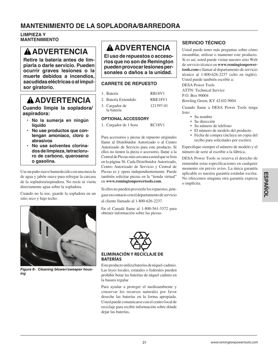Advertencia, Mantenimiento de la sopladora/barredora | Remington BB18125A User Manual | Page 21 / 40