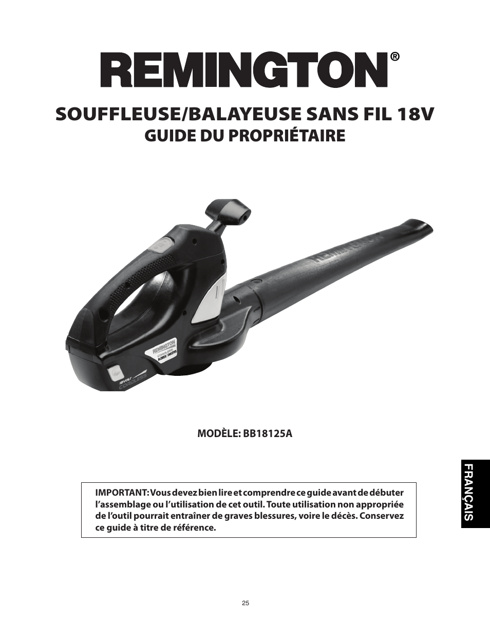 Souffleuse/balayeuse sans fil 18v, Guide du propriétaire | Remington BB18125A User Manual | Page 25 / 40
