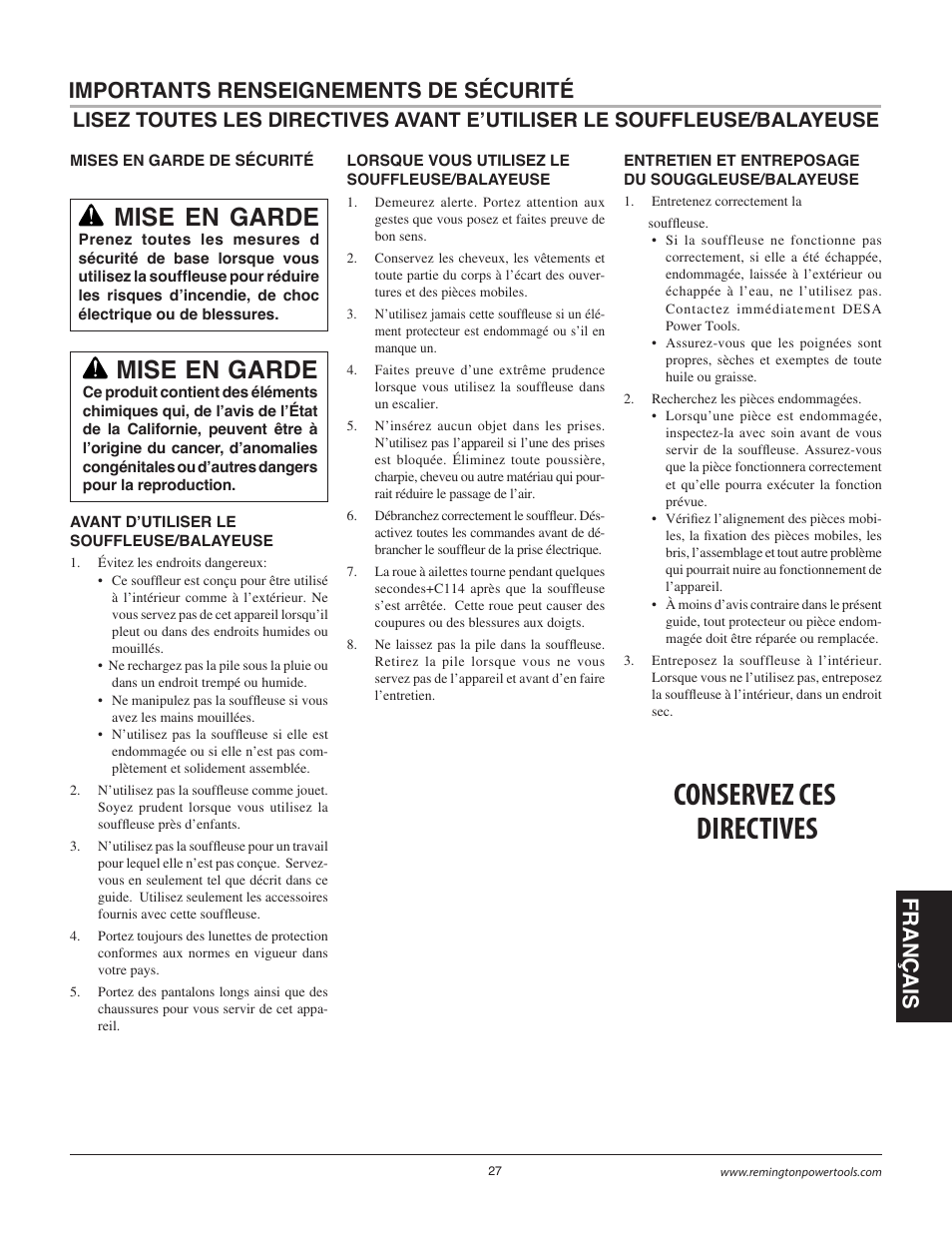 Conservez ces directives, Mise en garde, Importants renseignements de sécurité | Remington BB18125A User Manual | Page 27 / 40