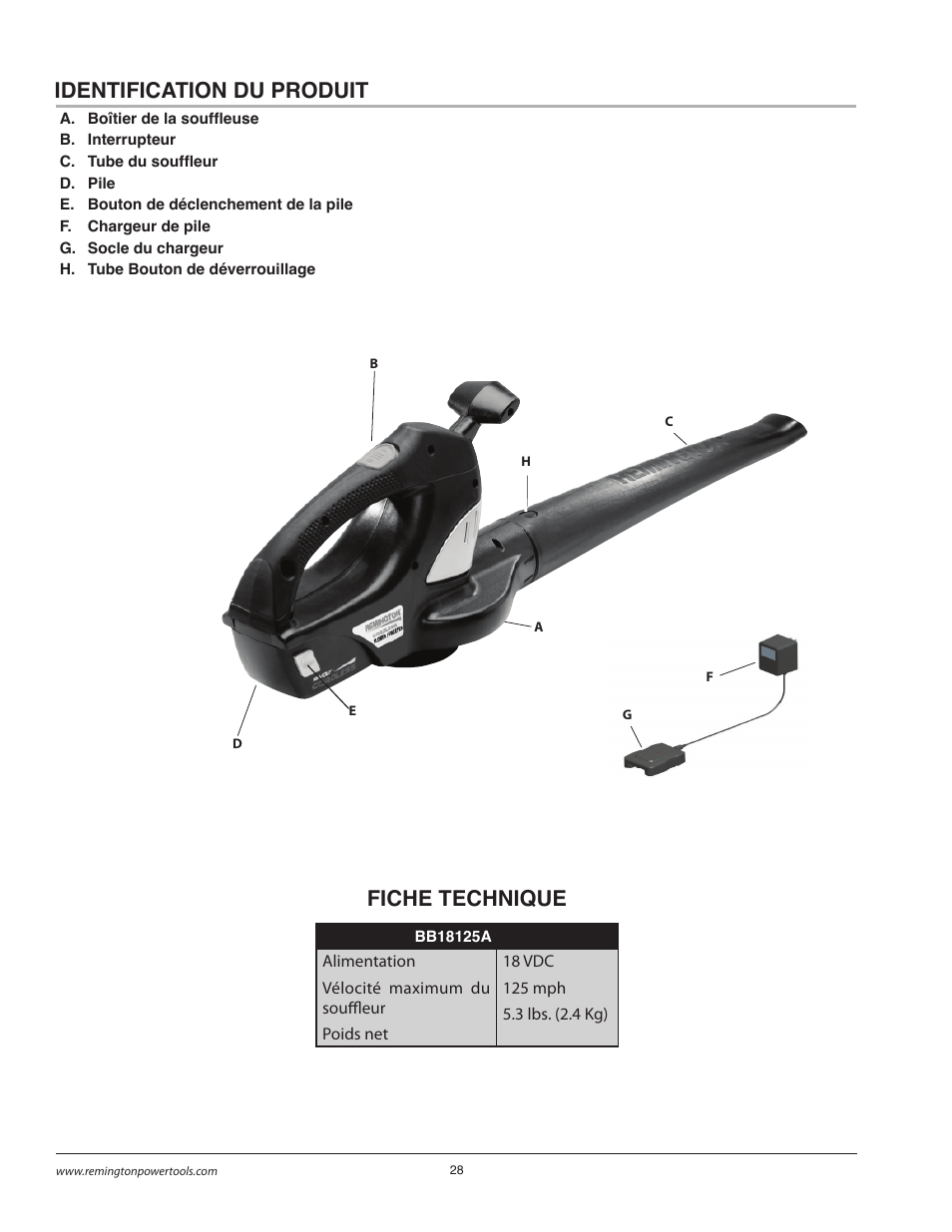 Fiche technique, Identification du produit | Remington BB18125A User Manual | Page 28 / 40