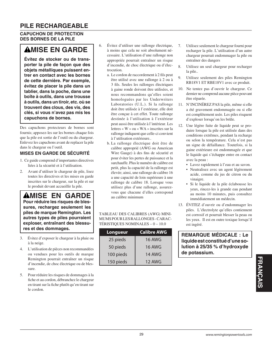 Mise en garde | Remington BB18125A User Manual | Page 29 / 40