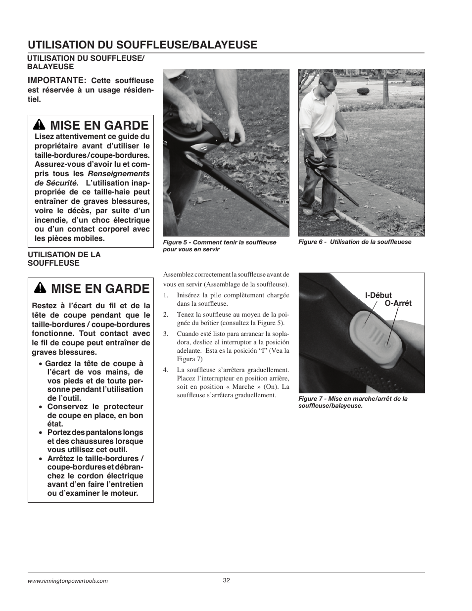 Mise en garde, Utilisation du souffleuse/balayeuse | Remington BB18125A User Manual | Page 32 / 40
