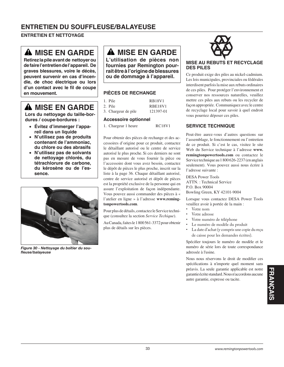 Mise en garde, Entretien du souffleuse/balayeuse | Remington BB18125A User Manual | Page 33 / 40