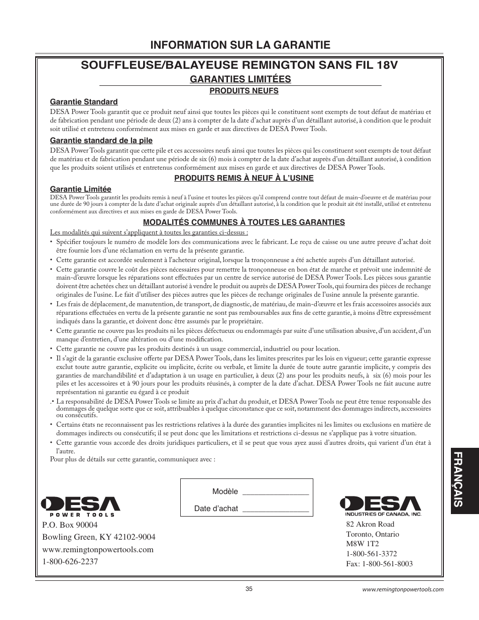 Information sur la garantie | Remington BB18125A User Manual | Page 35 / 40