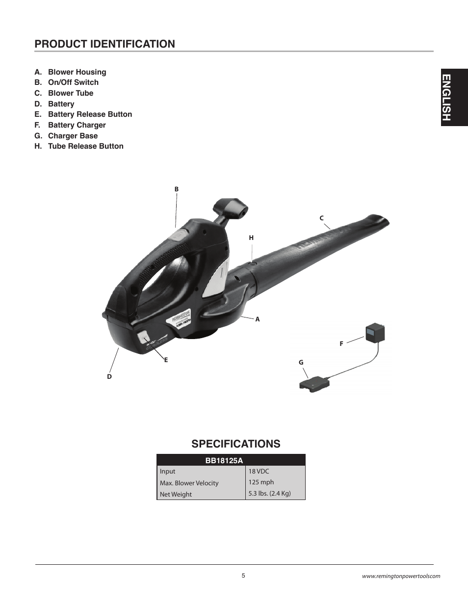 En gli s h product identification, Specifications | Remington BB18125A User Manual | Page 5 / 40