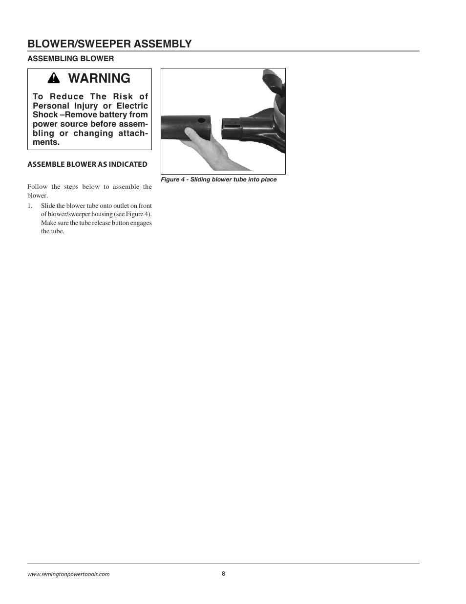 Warning, Blower/sweeper assembly | Remington BB18125A User Manual | Page 8 / 40