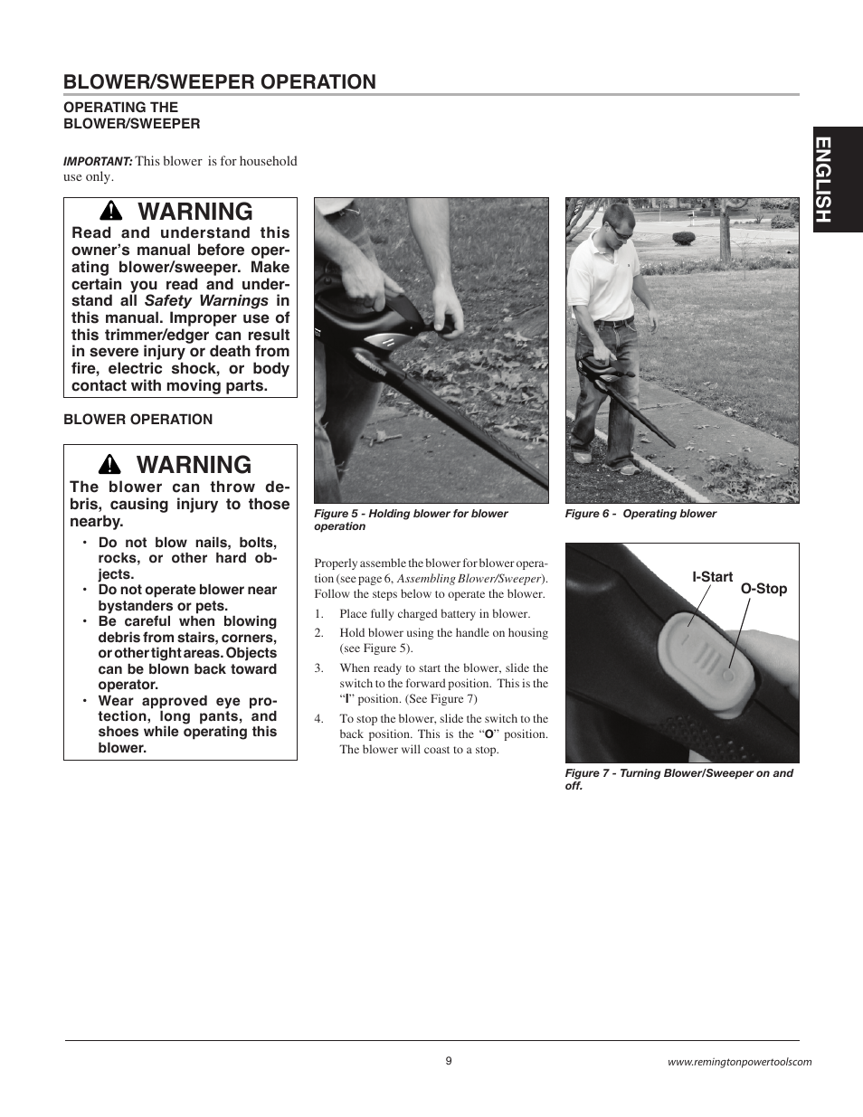 Warning, En gli s h blower/sweeper operation | Remington BB18125A User Manual | Page 9 / 40