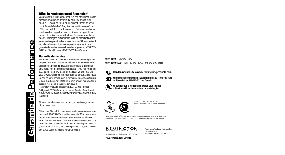 Garantie de performance | Remington WDF-1000 User Manual | Page 10 / 15