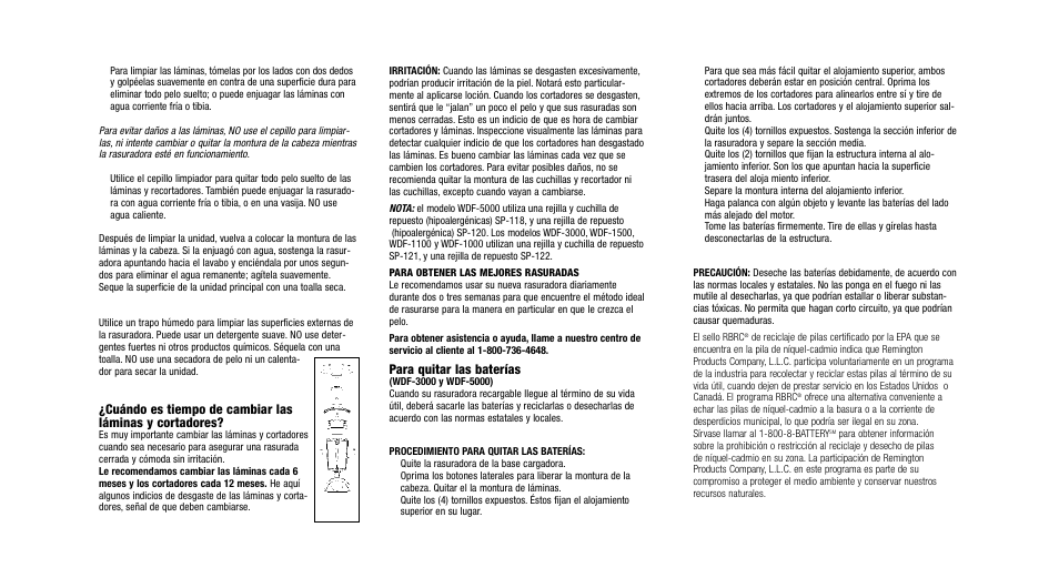 Para quitar las baterías | Remington WDF-1000 User Manual | Page 14 / 15