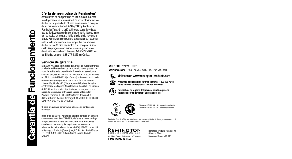 Garant ía de funcionamiento | Remington WDF-1000 User Manual | Page 15 / 15