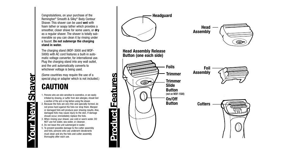 Your new shaver, Pr oduct featur es, Caution | Remington WDF-1000 User Manual | Page 2 / 15