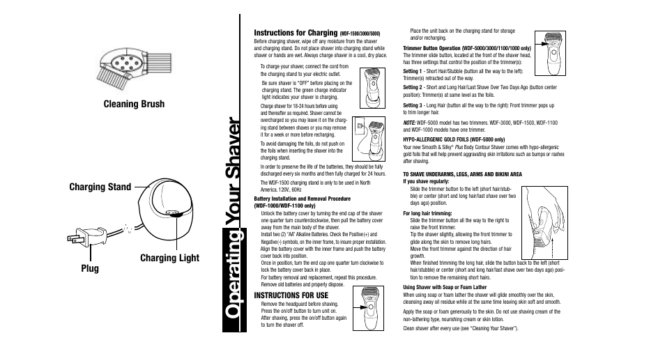 Operating y our shaver, Charging stand cleaning brush plug charging light, Instructions for charging | Instructions for use | Remington WDF-1000 User Manual | Page 3 / 15