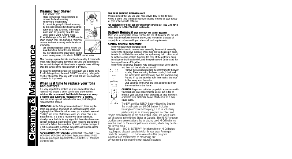 Cleaning & maintenance, Cleaning your shaver, When is it time to replace your foils and cutters | Battery removal | Remington WDF-1000 User Manual | Page 4 / 15