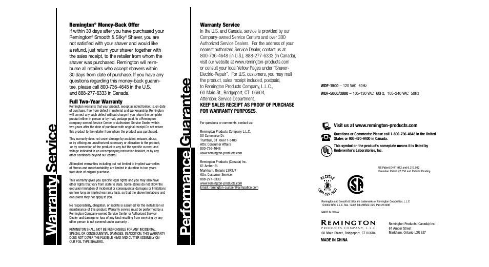 Performance guarantee w a rranty service | Remington WDF-1000 User Manual | Page 5 / 15