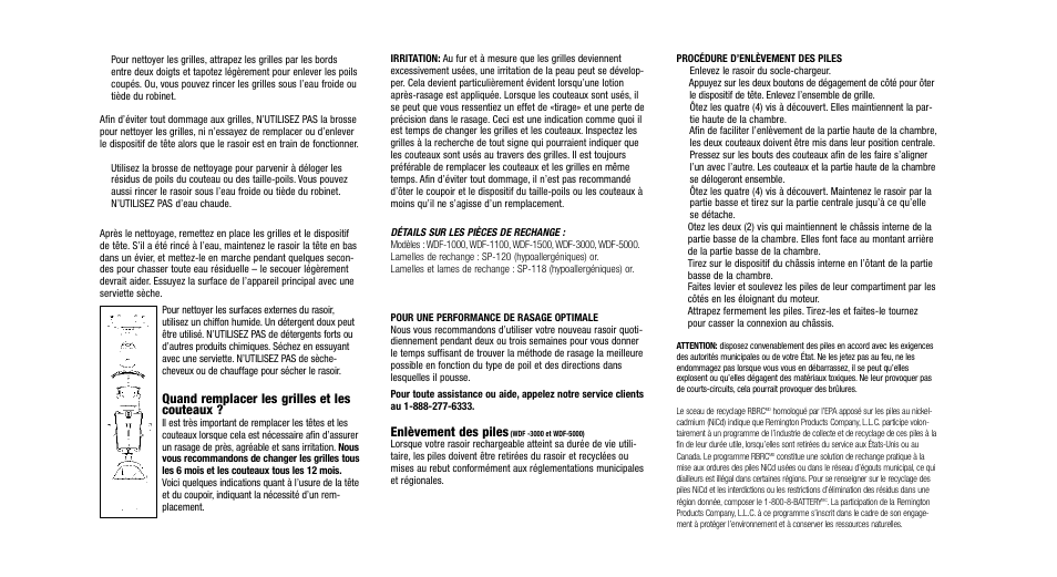 Quand remplacer les grilles et les couteaux, Enlèvement des piles | Remington WDF-1000 User Manual | Page 9 / 15